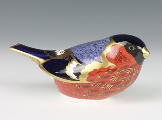 A Royal Crown Derby Imari pattern paperweight - Bullfinch with gold stopper 5" 
