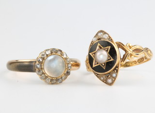 A 15ct yellow gold enamelled and pearl mourning ring size M, a do. moonstone and diamond ring size O 1/2