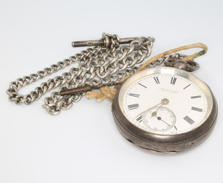 A silver cased keywind pocket watch and chain 