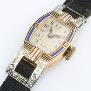 A lady's Art Deco 18ct 3 colour gold and enamelled wristwatch 