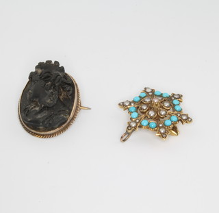 A Victorian carved lava cameo brooch and a turquoise and pearl pendant