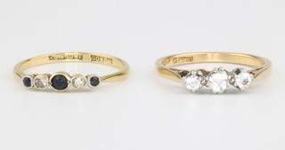 An 18ct yellow gold 3 stone diamond ring size N and a sapphire and diamond ring size N 1/2