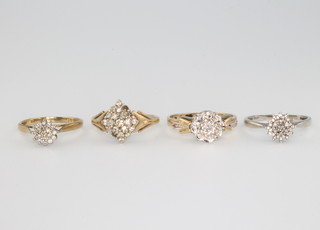 Four 9ct gold gem set rings size J, M, M 1/2 and O 