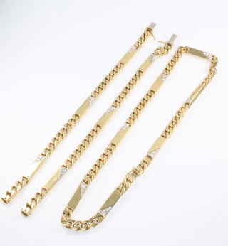 An 18ct yellow gold diamond set flat link necklace set with 51 (ex 53) brilliant cut diamonds, 6mm wide x 32 1/2"long, 150 grams gross, converting into 1 short necklace and 2 bracelets 