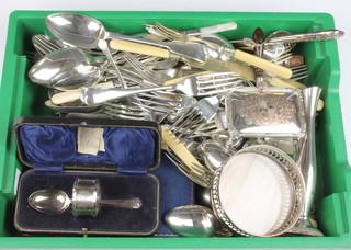 A cased silver spoon and napkin ring (different dates), minor cutlery etc