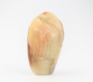 A 19th Century Chinese soap stone carving in the round, decorated with 2 figures standing on a bridge, a boat on the reverse and leaves growing through an outcrop 2 1/2" 