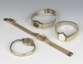 A lady's 9ct yellow gold Cyma wristwatch, a 10ct gold plated Omega ditto and 2 others 