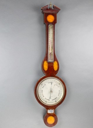 An Edwardian aneroid barometer and thermometer the silvered dial marked Fattorini & Sons of Bradford contained in an inlaid mahogany case with silver presentation plaque 