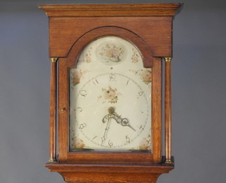 An 18th Century 30 hour longcase clock with 12" arched painted dial, the spandrels painted baskets of flowers and with calendar apertures, complete with weights and pendulum, contained in an oak case 81"h 