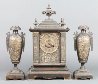 A 19th Century French 3 piece metal clock garniture, the striking mantel clock in the Chinese taste with silvered dial decorated panels of court figures together with a pair of twin handled urns decorated garden scenes with attendants 