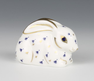 A Royal Crown Derby Imari pattern paperweight white rabbit with gold stopper 3" 
