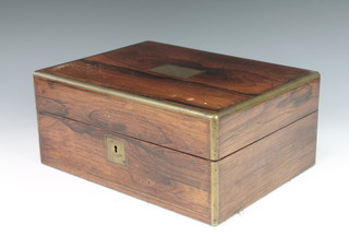 A Victorian rosewood and brass banded writing slope with hinged lid, having a brass plaque inscribed "Presented to Mr D M Donald by his pupils as a mark of esteem St Peters School, Dundee, 27th July 1852" 5 1/2" x 12" x 9" 