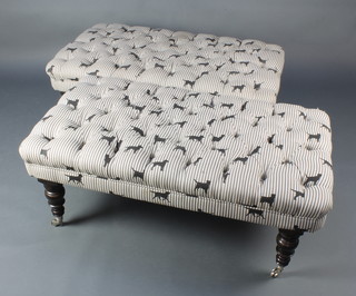 A pair of rectangular Victorian style footstools upholstered in dog print buttoned material, raised on turned supports 17" x 46" x 26" 