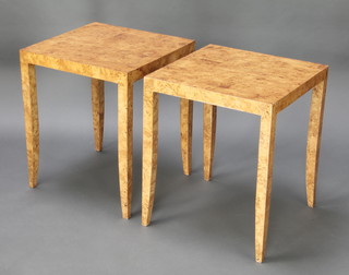 A pair of Art Deco style square bird's eye maple lamp tables, raised on square tapering supports 24"h x 20"w x 20"d 