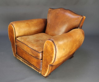 A club style armchair upholstered in brown leather 