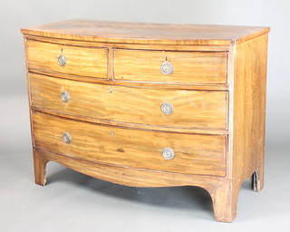 A 19th Century crossbanded mahogany bow front chest of 2 short and 3 long drawers raised on bracket feet 30"h x 41"w x 21"d 
