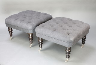 A pair of Victorian style square stools upholstered in grey buttoned material, raised on ebonised and chrome supports 19"h x 27" x 28" 