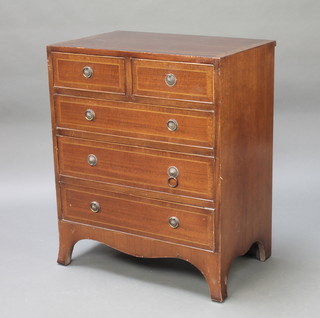 A Georgian style mahogany chest, crossbanded and line inlaid, fitted 2 short and 3 long drawers raised on splayed bracket feet 29"h x 24"w x 15 1/2"d