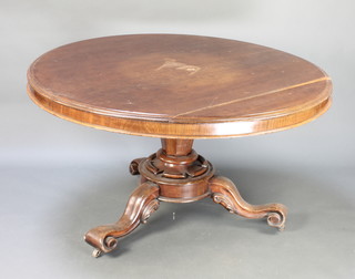 A Victorian circular mahogany breakfast table raised on a chamfered column, circular and tripod base 28"h x 51"w (requires some attention) 
