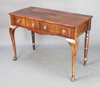 A Queen Anne style walnut side table fitted 2 frieze drawers and raised on cabriole supports 30"h x 42"w x 20"d 