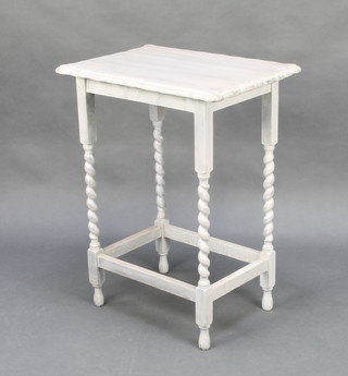 A 1930's gray painted oak occasional table with pie crust edge on spiral turned supports 30"h x 23"w x 17"d 