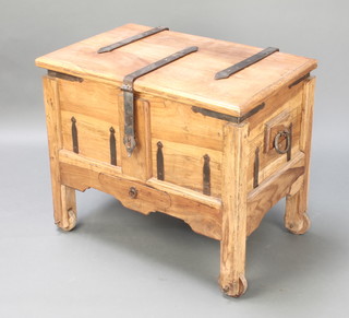 An Eastern hardwood coffer with iron banding raised on square supports 27"h x 32"w x 20"d 