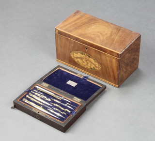 A 19th Century geometry set contained in a rosewood box together with a 19th Century inlaid mahogany 3 section tea caddy with hinged lid 6" x 11" x 6" 