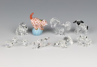 A Swarovski seal 1 3/4"h, a ditto horse 1 1/2"h, two ditto puppy 1", a ditto frog 1"h, a ditto lamb 1"h, three ditto chicks 1/2"h and a Herend cat