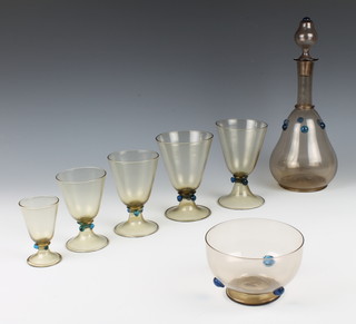 A suite of Murano table glassware comprising 3 decanters, 11 liqueurs, 8 sherry, 10 small wine, 12 large wine, 8 wine and 4 bowls
