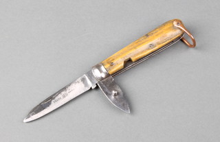 A 19th Century jack knife, stamped John Petty & Sons Sheffield with stag horn grip, narrow square kick, main blade with trademark and tin opener