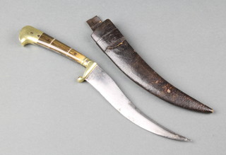 A 19th Century Indian dagger with 5 1/2" curved blade, brass and polished horn grip complete with leather scabbard