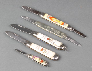 A 1937 George VI coronation souvenir pen knife, 2 blades stamped Wraggs Arundel St, Sheffield with white metal handle together with 4 other Royal souvenir knives