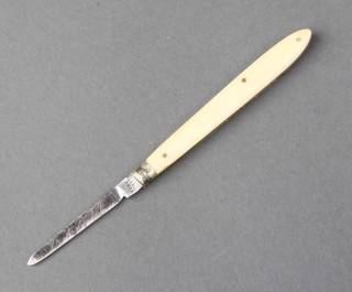A late 18th Century quill knife, the 2 1/2" blade stamped Fine Steel, with hite metal bolster and ivory grip