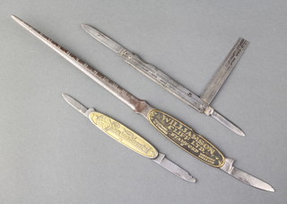 Three advertising knives comprising a letter opener and knife, the 6" blade stamped Joseph Allen & Son, advertising Williamson Cliff Ltd, a 3 1/2" steel rule fitted 2 blades stamped Chesterman, Sheffield advertising Noble & Hoares Varnishes and a German twin bladed pocket knife advertising C. C&G.P.Co Pneu Continental, the grip decorated a factory 