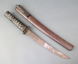 A 19th/20th Century Japanese Wakazashi with 10 1/2" blade, the tsuba decorated a dragon fly, the scabbard fitted a kogatana, the 4 1/2" blade with 5 character signature