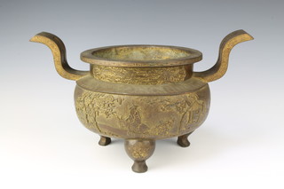 A 19th Century Chinese gilt bronze 2 handled censer decorated with figures in garden landscapes with 6 character Xuande mark to base, 7" diam excl handles