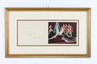 Of Royal Interest, a 1954 Christmas card, signed and dated 1954 from Elizabeth R with image of HM the Queen and HM the Queen Mother seated, wearing Court robes with attendants, framed and glazed 6"h x 8"w 