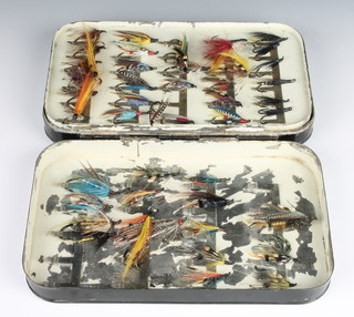 A large Mallochs swing leaf salmon fly box reservoir with approx. 20 salmon flies 8" x 5" 