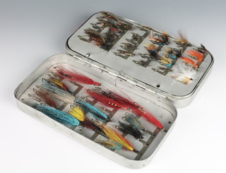 A Hardy large swing leaf salmon fly box containing a collection of flies