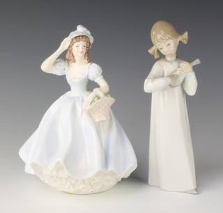 A Lladro figure of a girl playing an instrument 8"h and a Coalport Ladies of Fashion figure "Christina" 8"h