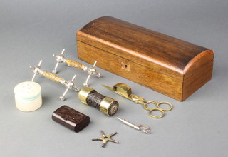 A 19th Century rosewood domed pencil box 3"h x 10" w x 4"d, a section of transatlantic cable marked W Thenley 3", a pair of brass candle snuffers, a pair of horn knife rests etc