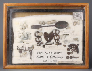 A cased collection of various American Civil war relics from the Battle of Gettysburg, July 1st-3rd 1863