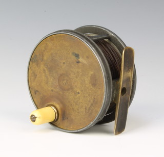 A Hardy Brothers  brass faced Perfect salmon reel 3 3/4" with full length brass foot horn handle and calipar check, circa 1905