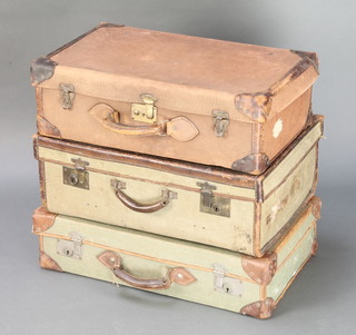 3 fabric and leather suitcases 6" x 25" x 15", 7" x 24" x 14" and 9" x 24" x 16"