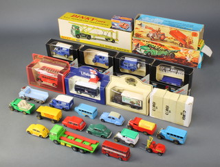 A Dinky No 974 car transporter (boxed), A Corgi No 9 Massey Ferguson 165 Tractor with shovel and tipping trailer (boxed), a Friction Army car with shooting cannon (boxed) together with various toy cars