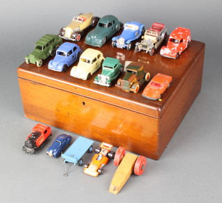 A Minic tinplate clockwork model car 2", Triang clockwork vehicles and a small collection of model cars contained in a 19th Century mahogany box with hinged lid