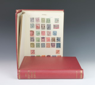 2 red Grafton albums of used World stamps - Argentina, Austria, Bavaria, Belgium, Congo, Denmark, Egypt, France, Germany, Greece, Hungary, Italy, Monaco, Netherlands, Russian, Spain, Sweden, etc 