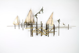 Curtis Jere, "Quayside" a metal wall sculpture of quay, yachts and birds 20" x 50"