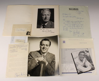 A black & white signed photograph of Edward Heath 9 1/2" h x 4 1/2"w together with a signed letter regarding the signed photograph, dated 1998. A Roy Hudd signed letter, dated 6th February 1976, a signed magazine page "Jennifer, Love Roy Castle", Richard Attenborough, a signed black and white photograph "Best wishes Eric, Richard" 9 1/2"h x 7 1/2". A typed letter from the International Richard Attenborough fan club dated 15th March 1949, signed Richard Attenborough together with a Richard Attenborough signature on a scrap of paper and 1 other
