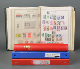 An album of mint Queen Elizabeth II Jersey stamps, an album of British Antarctic Territory stamps, a red album of various British mint and used Colonial stamps, Hong Kong, Gibraltar, Gambia, Fiji, Cyprus and a green album of various American and other used and new stamps